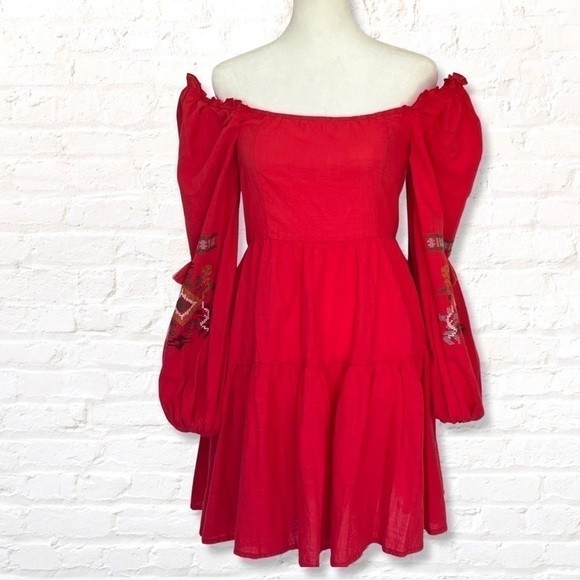 🎁3 for 30 Shein Red Off Shoulder  Embroidered Boho Mini Dress Size Small - Picture 1 of 10